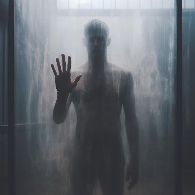 a man in a shower with a hand in the water