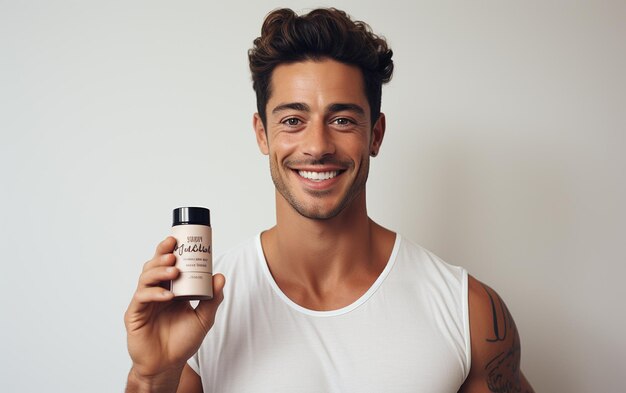 a man showing the advertising coffee marker on the white background