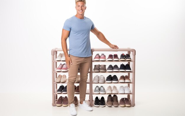 man showing the advertising home plastic shoes showcase on the white background