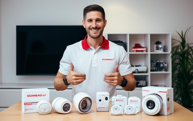 man showing the advertising home sale pose on the white background