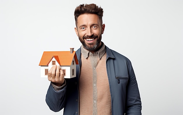Мужчина показывает рекламную позу продажи дома на белом фоне