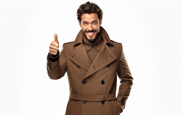 Foto un uomo che mostra la pubblicità del nuovo cappotto invernale sullo sfondo bianco