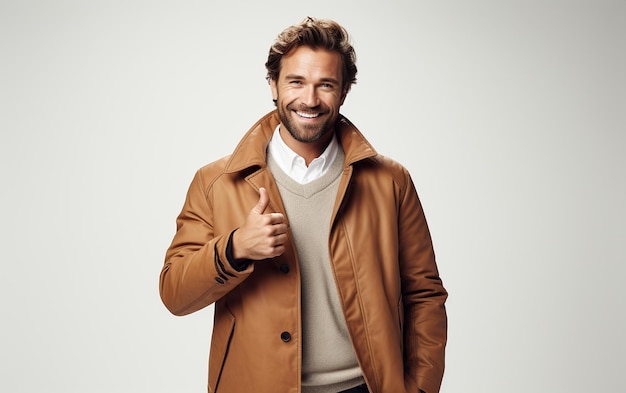 a man showing the advertising new winter coat on the white background