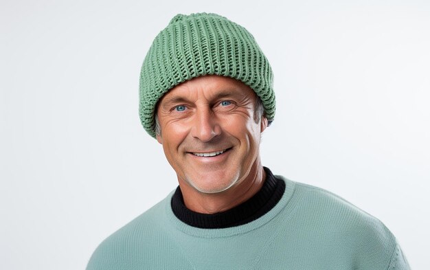 man showing the advertising wool winter caps on the white background