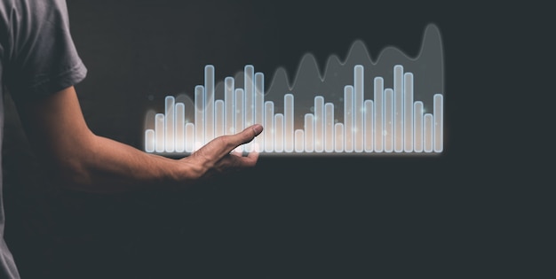 Man showing bar graph stock graph investment hologram on hand illustration