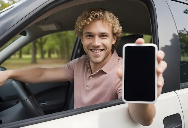運転手の座席に座っているスマートフォンの空白のスクリーンを表示する男性