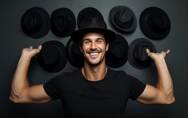 a man showing the hats on the white background