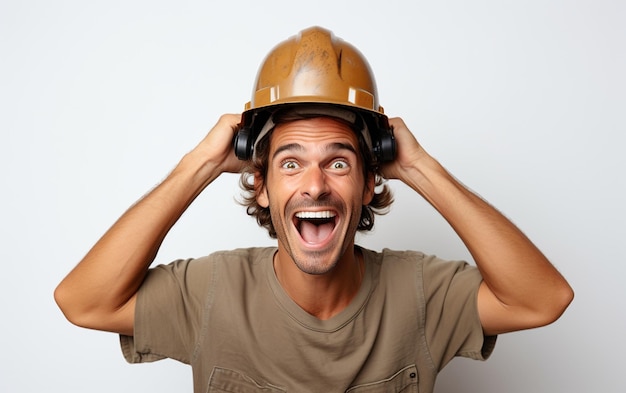 a man showing the hats on the white background