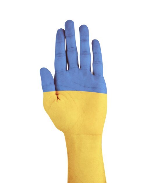 Man showing open palm closeup Hand in colors of Ukrainian flag