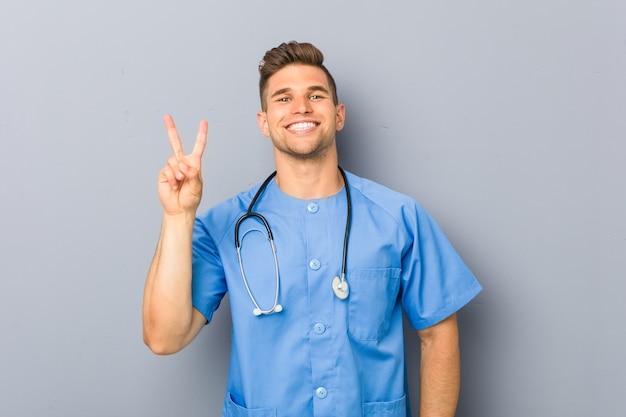 Man showing peace sign with fingers