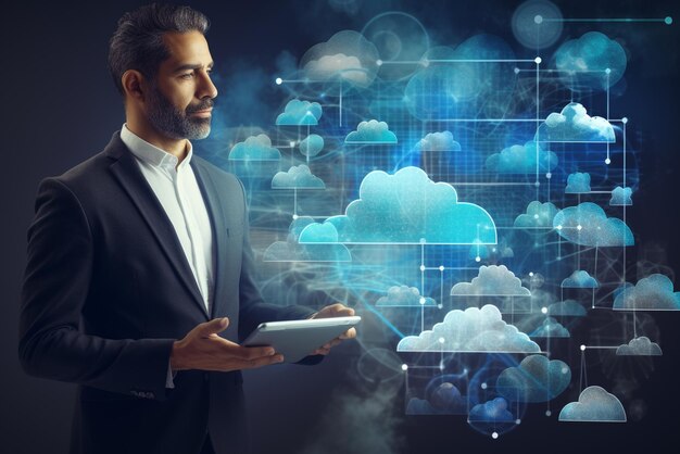 Foto uomo che mostra lo schermo virtuale con il diagramma del cloud computing tecnologia cloud archiviazione dati rete