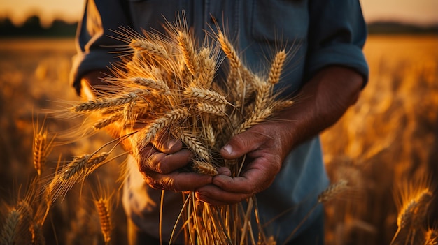 Man showing wheats in the field