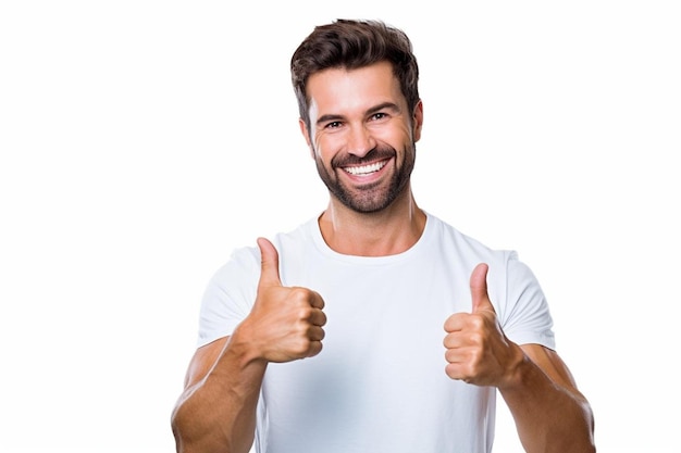 A man shows his thumbs up with a white background.