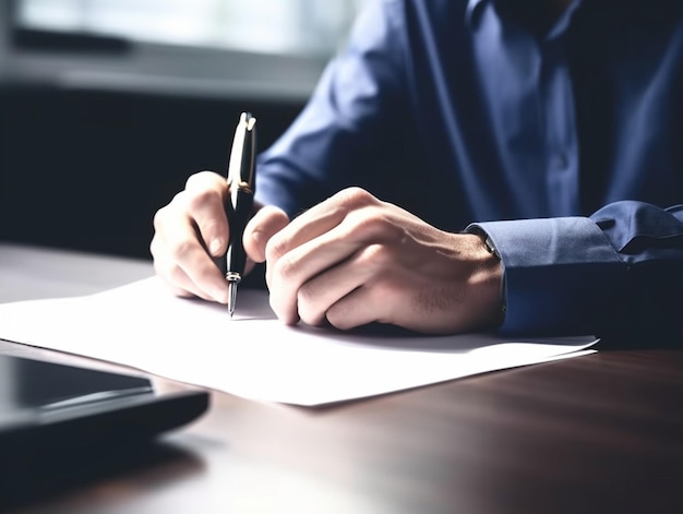 A man signing a document with a pen on it.