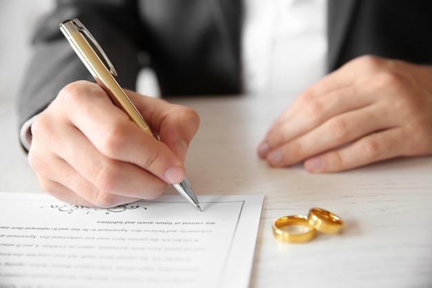Man signing marriage contract closeup