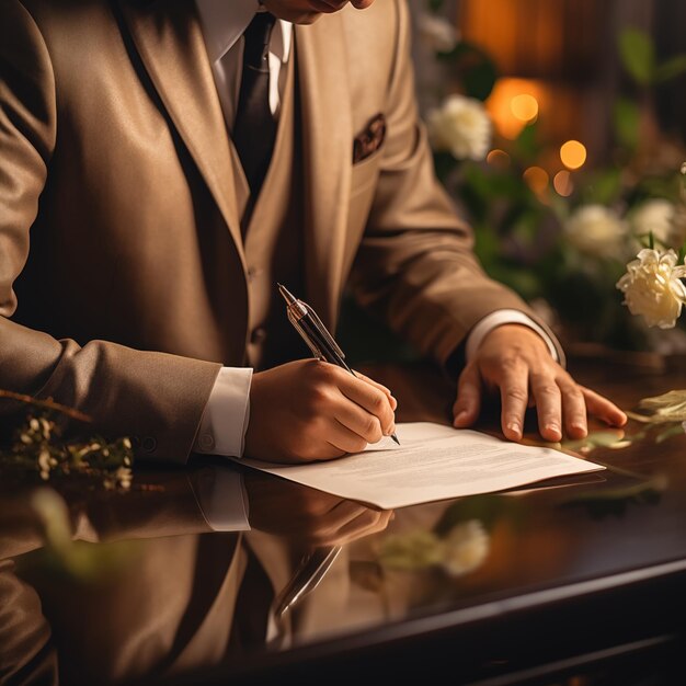 公式文書に署名する男性手にペンを持ったビジネスマン署名する準備ができているエグゼクティブマネージャーAIが生成した