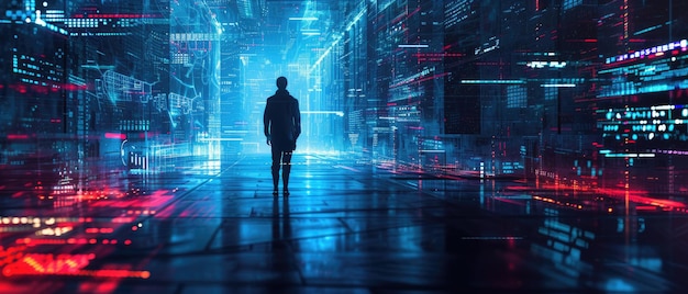 Man silhouet op digitale gegevens en lichten achtergrond persoon en abstracte netwerk informatie Theme van cybersecurity technologie wereld toekomst hack