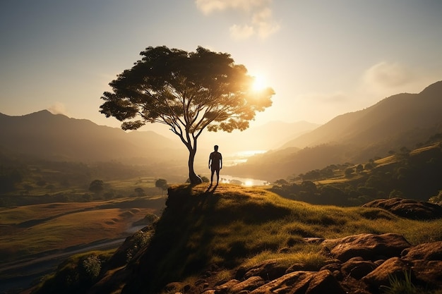 Foto silhouette dell'uomo sotto l'albero da solo estasi paesaggio carta da parati