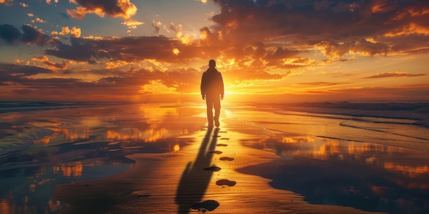 Man silhouette on the beach at sunset