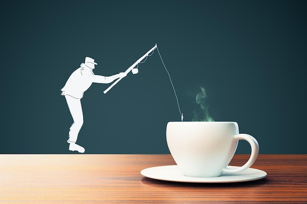 Man silhouette fishing in coffee cup