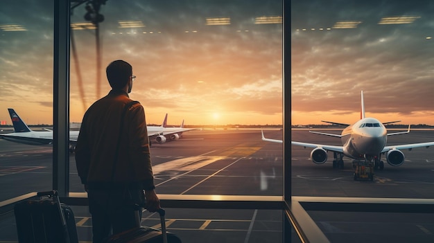 Man silhouette is watching to the plane from airport terminal