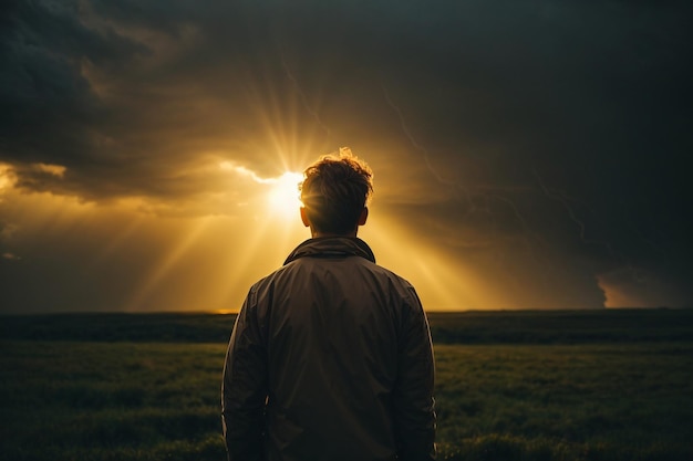 man silhouette over the sea in sunset