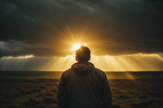 man silhouette over the sea in sunset