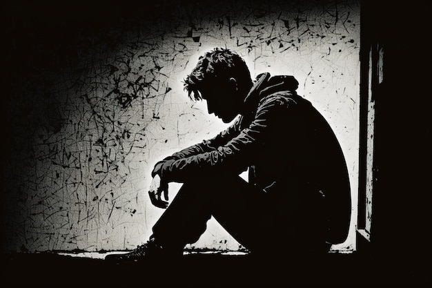 A man silhouette sitting on the floor of an empty room looking depressed