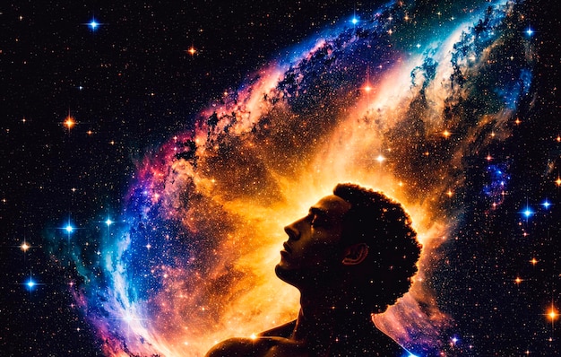 Man silhouette in space with stars and nebula The concept of God in the image of a man against the background of the universe Generative AI