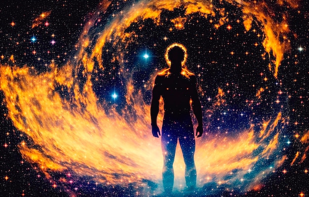 Foto silhouette uomo nello spazio con stelle e nebulosa il concetto di dio nell'immagine di un uomo sullo sfondo dell'universo ai generativa