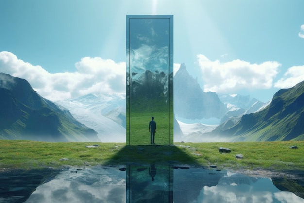 Man silhouette standing in mountain landscape with mirror portal Travel to fantasy world Created with Generative AI