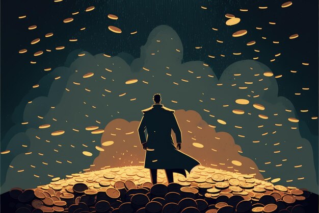 Man silhouette standing in a shower of coins wealth concept Fantasy concept Illustration painting Generative AI