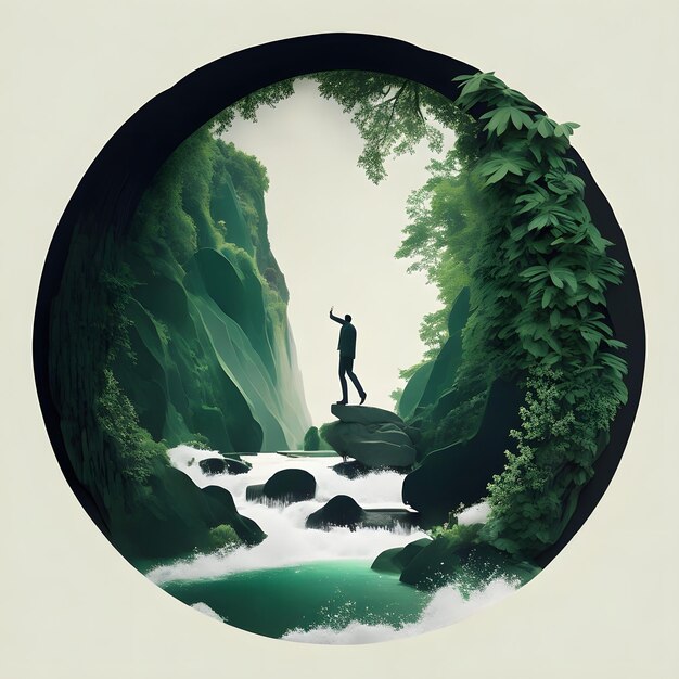 Photo man silohuette in a circle with waterfall paper art style ai generated