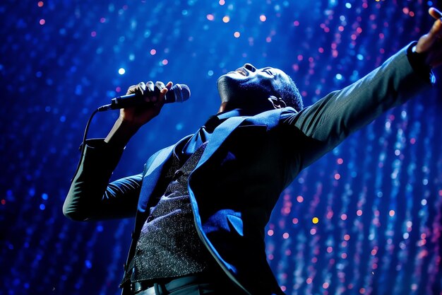 Foto un uomo che canta in un microfono con uno sfondo blu