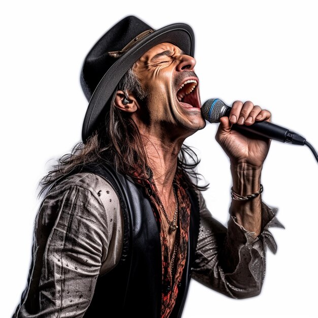 Photo a man singing into a microphone with a hat on.