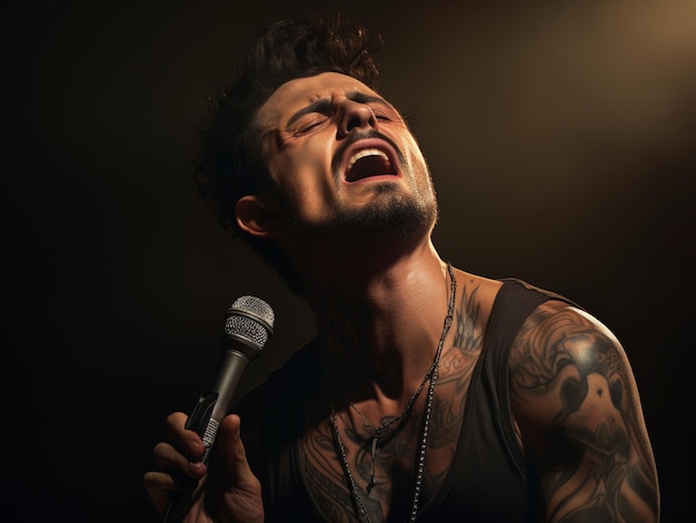 Photo a man singing into a microphone with a microphone in his hand.