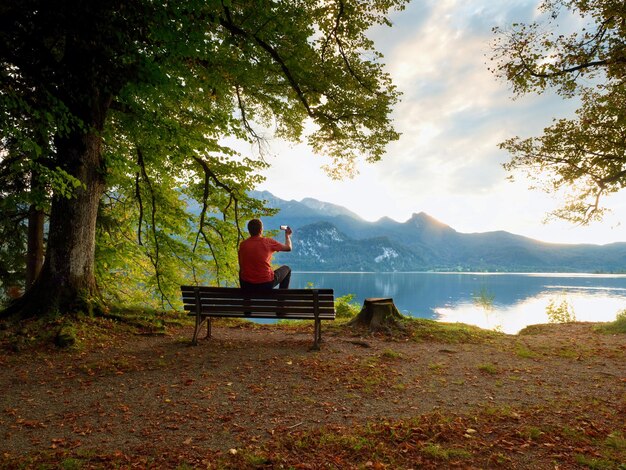 Man sit on wooden bench at mountain lake bank under beeches tree mountains at horizon