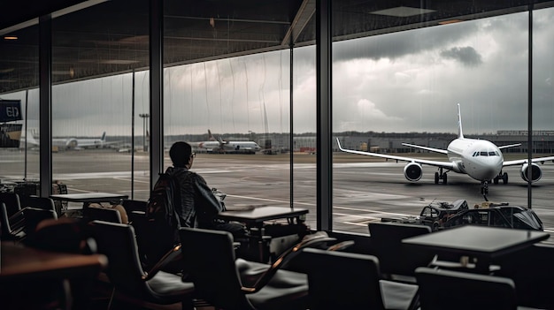 Foto un uomo siede in un aeroporto in attesa del decollo di un aereo.