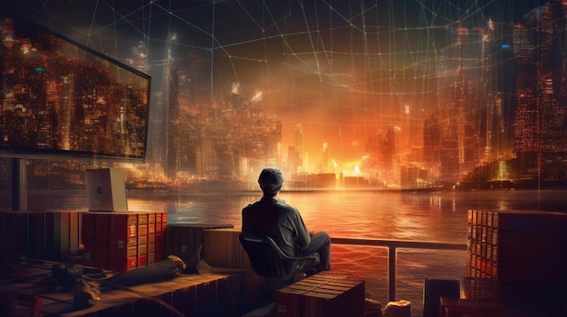 A man sits on a balcony overlooking a city with a fire in the sky.