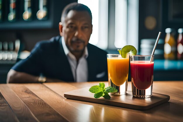 Photo a man sits at a bar with drinks and a drink on the table.