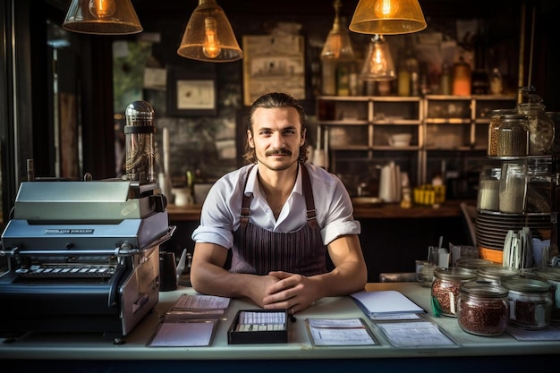 Foto un uomo si siede in un bar con un cartello che dice bar