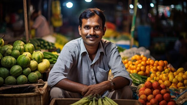 a man sits in a basket with vegetables and fruits in it