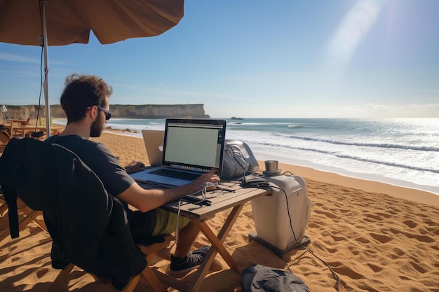 a man sits in a beach chair with a laptop and a view of the ocean.