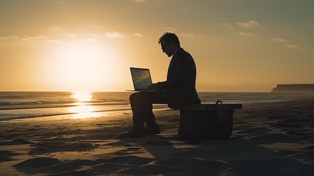 Photo a man sits on a beach in front of a laptop computergenerative ai