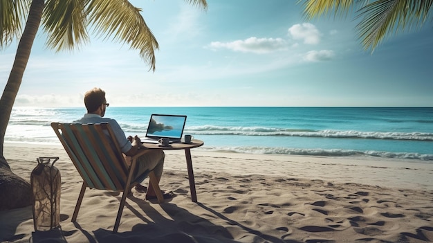 A man sits on a beach in front of a palm tree and looks at a laptop.