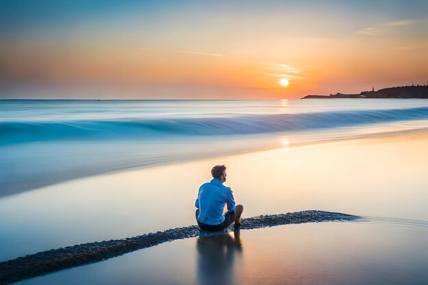 Foto un uomo si siede su una spiaggia di fronte a un tramonto