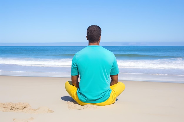 A man sits on a beach and looks out to sea