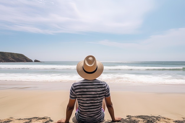 A man sits on a beach and looks out to sea