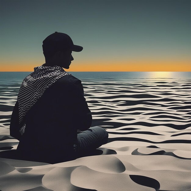 Foto un uomo si siede sulla spiaggia e guarda il tramonto.