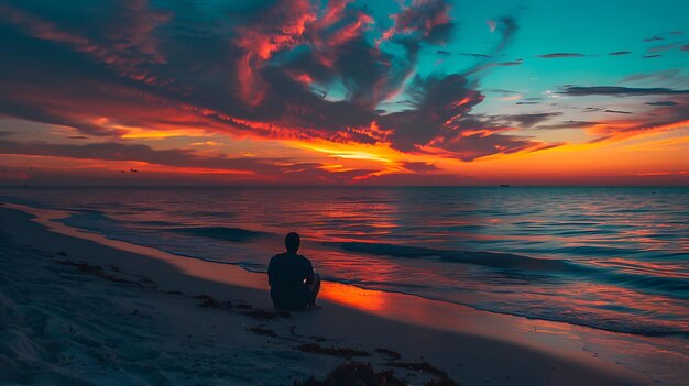 浜辺に座って夕暮れを見ている男 空は色で燃え上がり 波は岸にゆっくりと打つ 男は平和だ